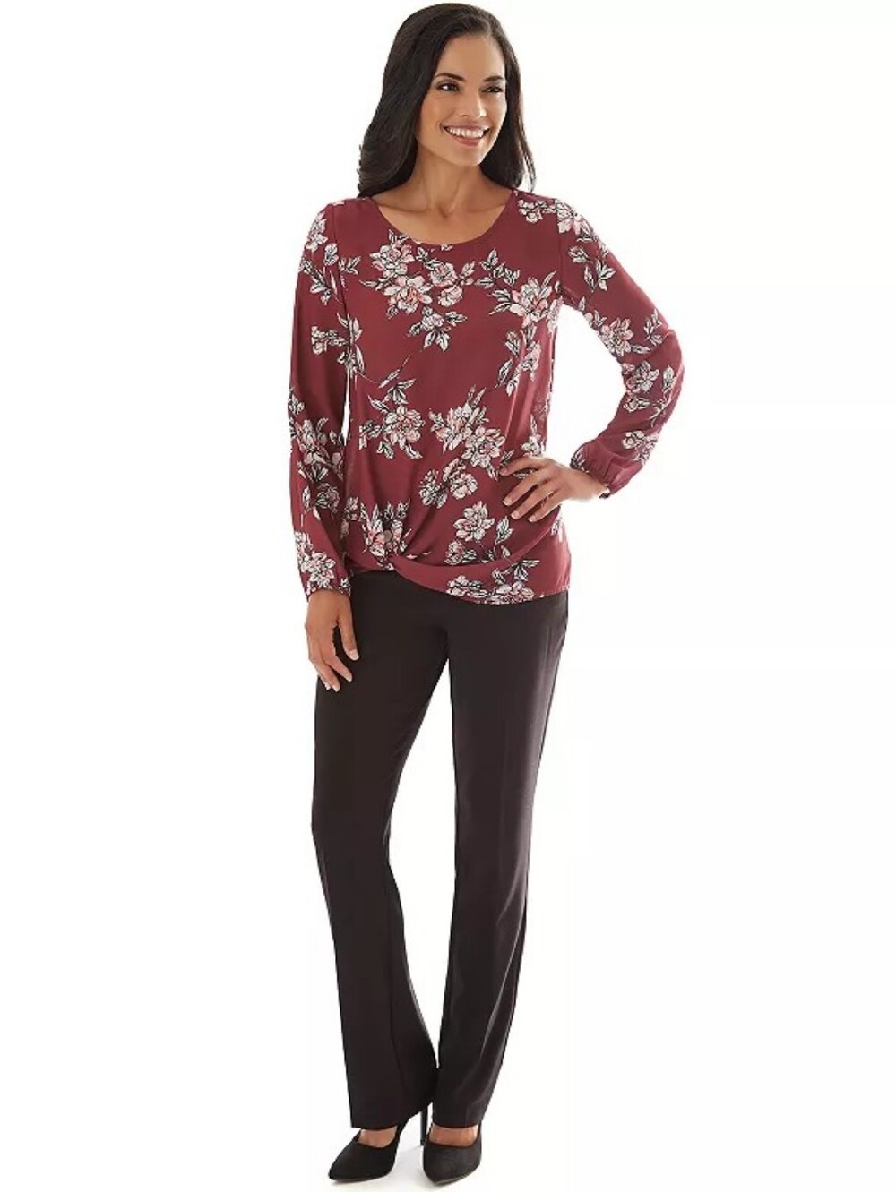 Apt. 9 Front Knot Floral Long Sleeve Blouse